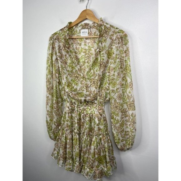 Misa Ruffle Drawstring Neck Elastic Waist Mini Dress Women's Green Size: XS NWOT - Picture 3 of 9